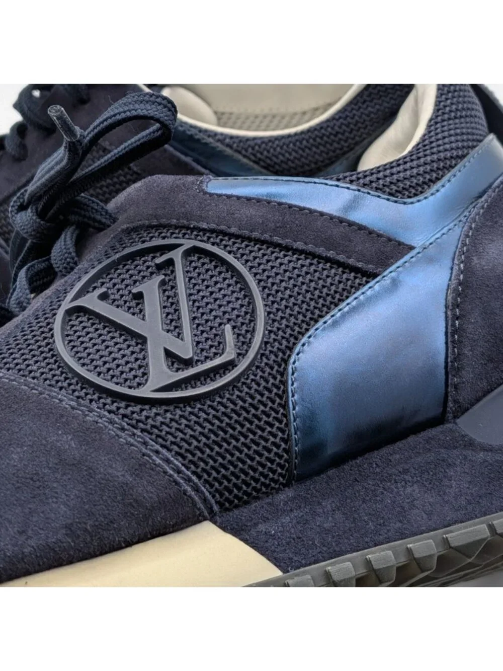 Louis Vuitton Run Away Line Navy Suede Mesh LV Logo Sneakers in Heels